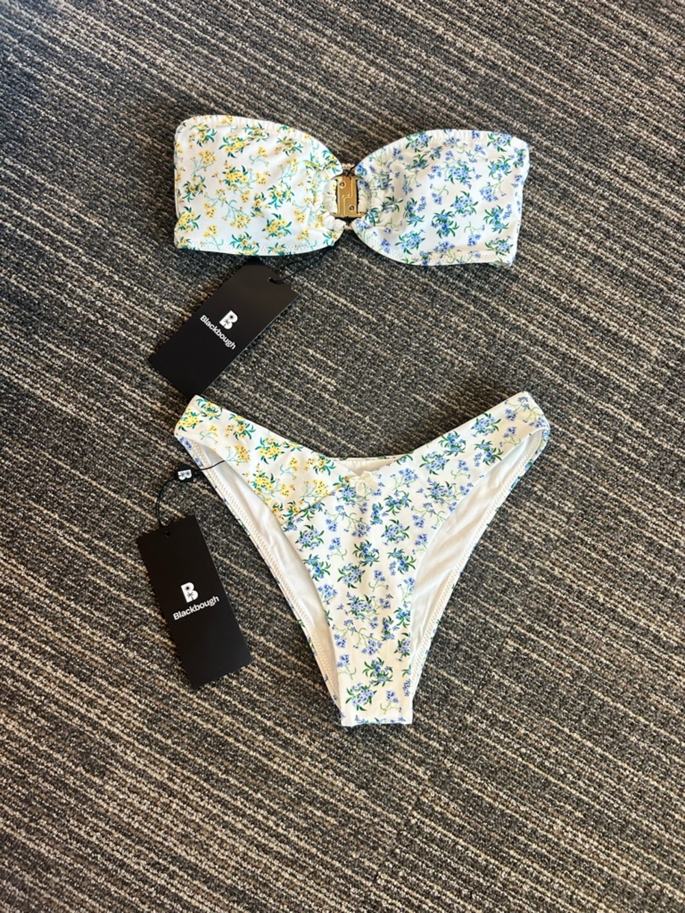 Blackbough Floral Bandeau Bikini Set in White with Blue & Yellow Flowers